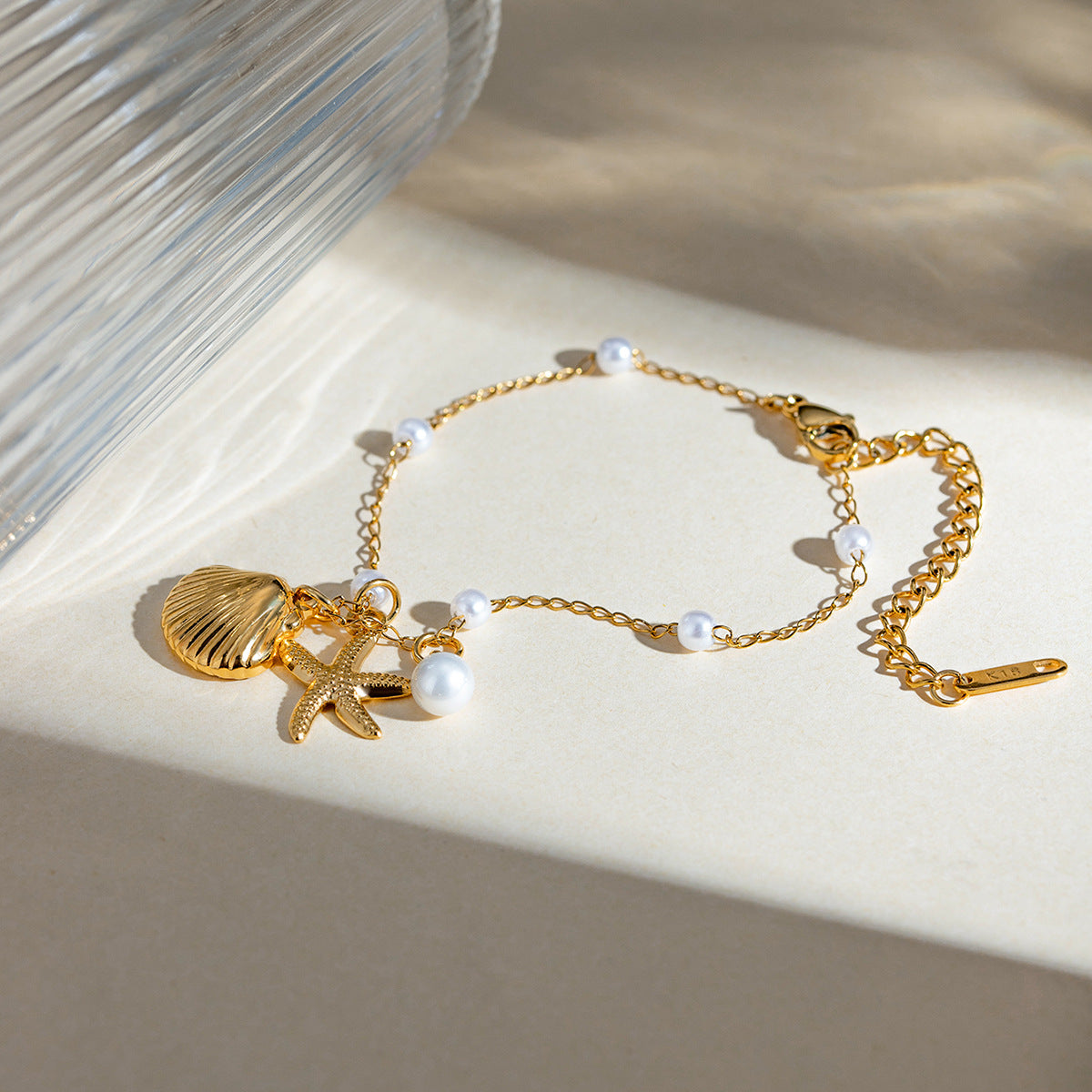 18K Gold Stainless Steel Pearl Chain Shell Starfish Pendant Bracelet